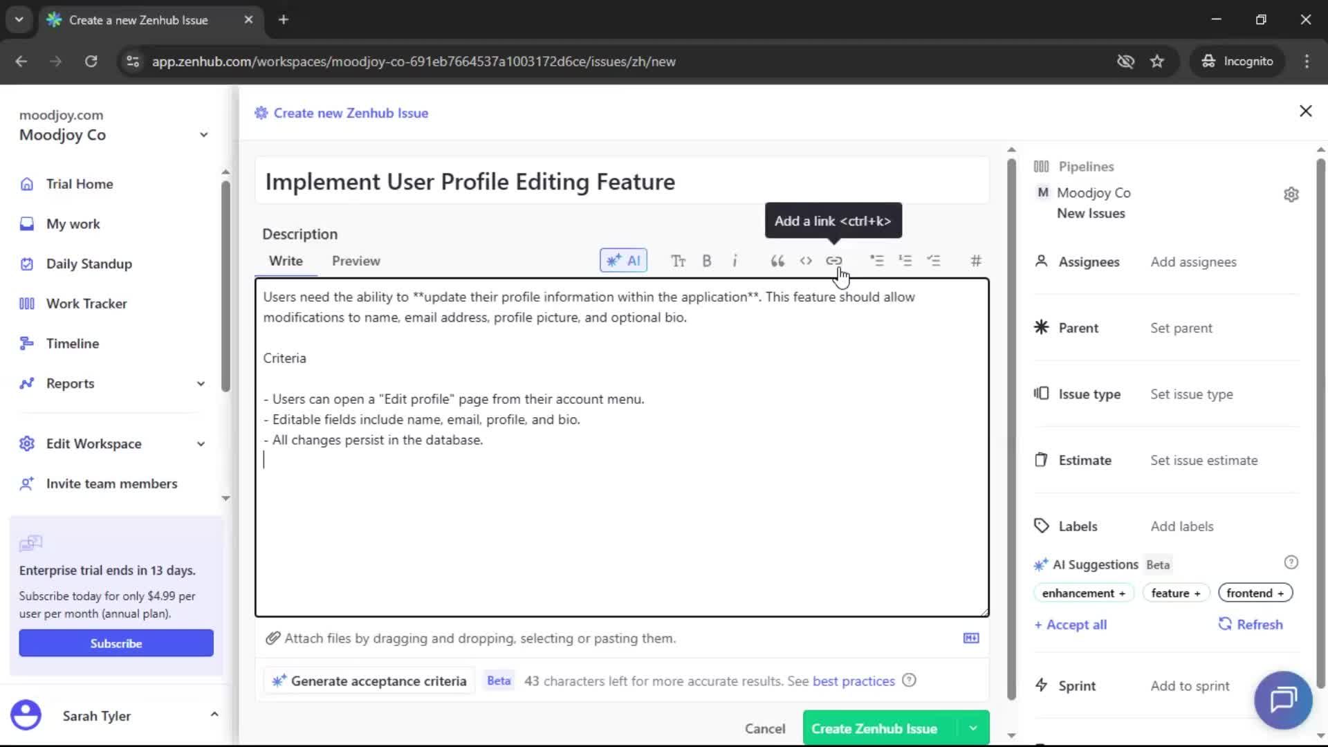 Creating new issue screenshot