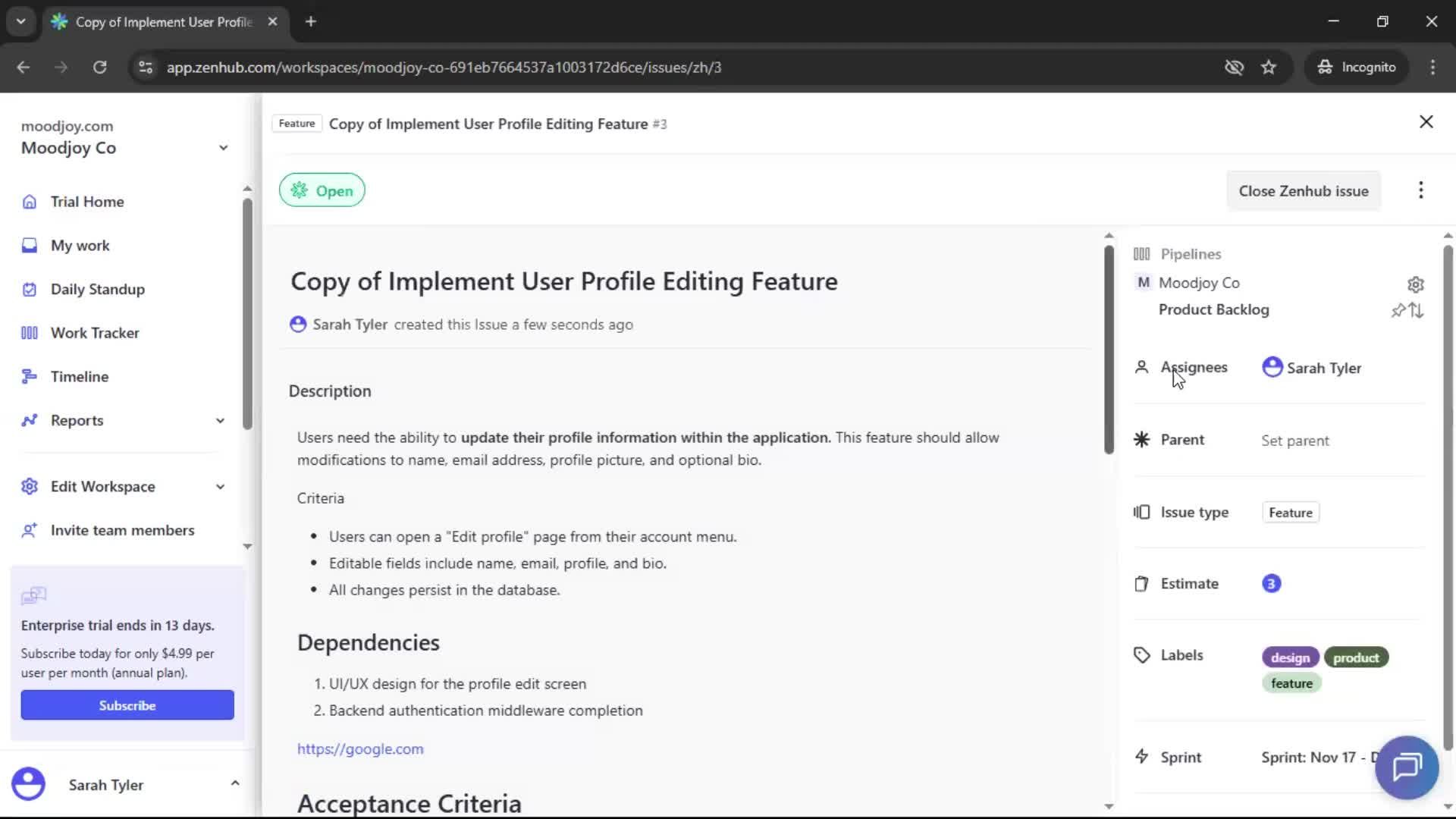Creating new issue screenshot