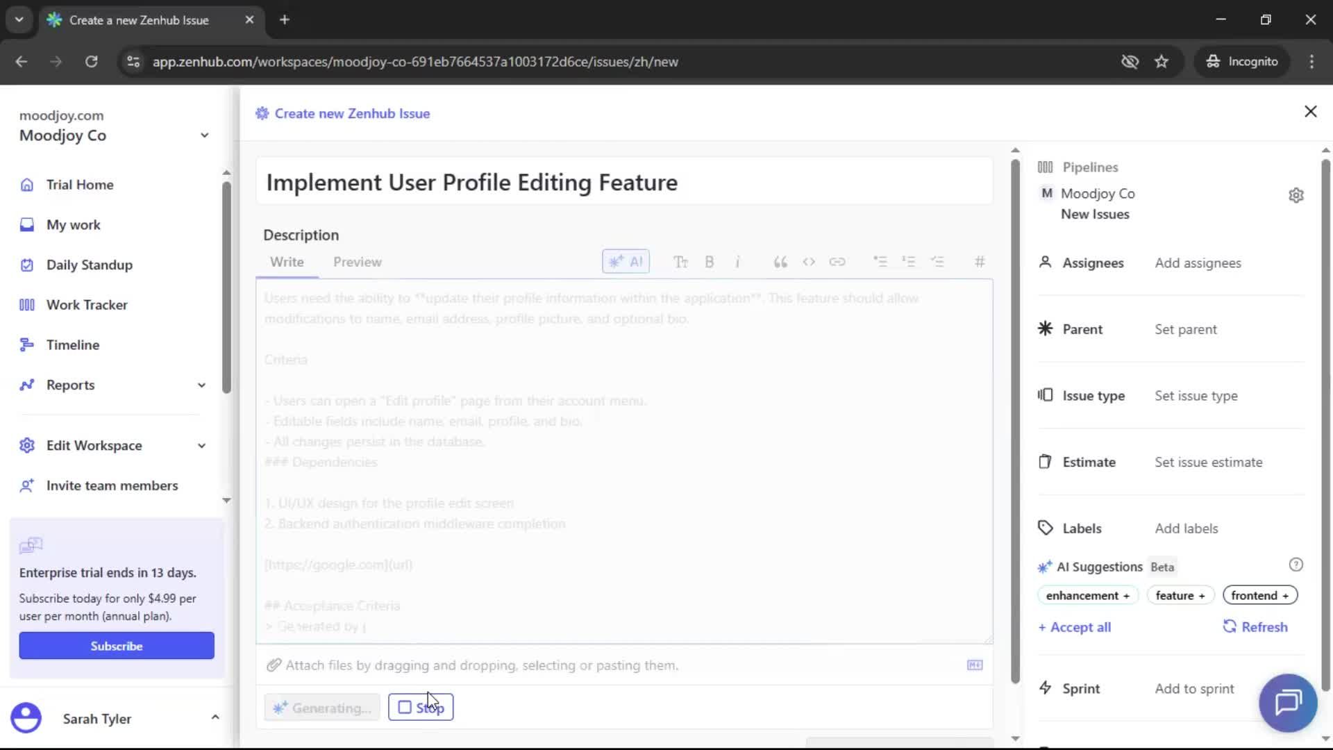 Creating new issue screenshot