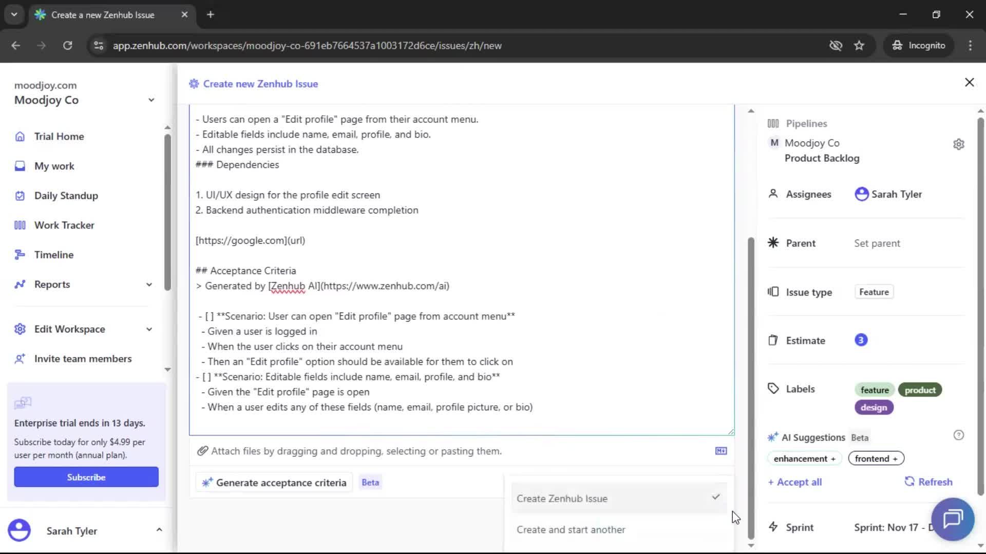 Creating new issue screenshot