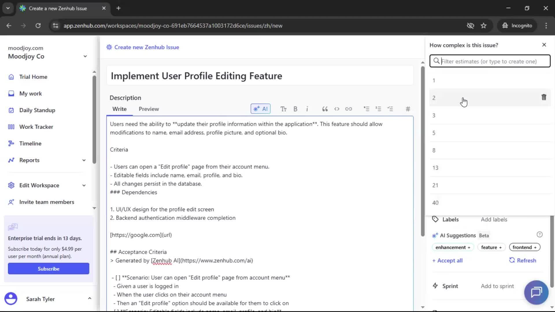 Creating new issue screenshot