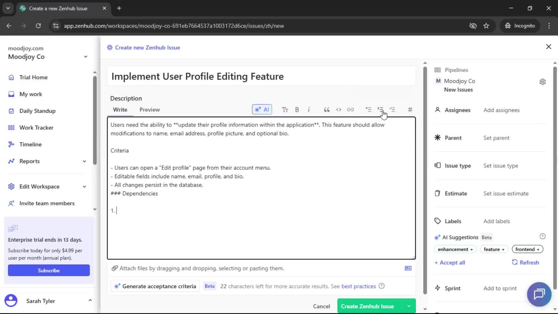 Creating new issue screenshot