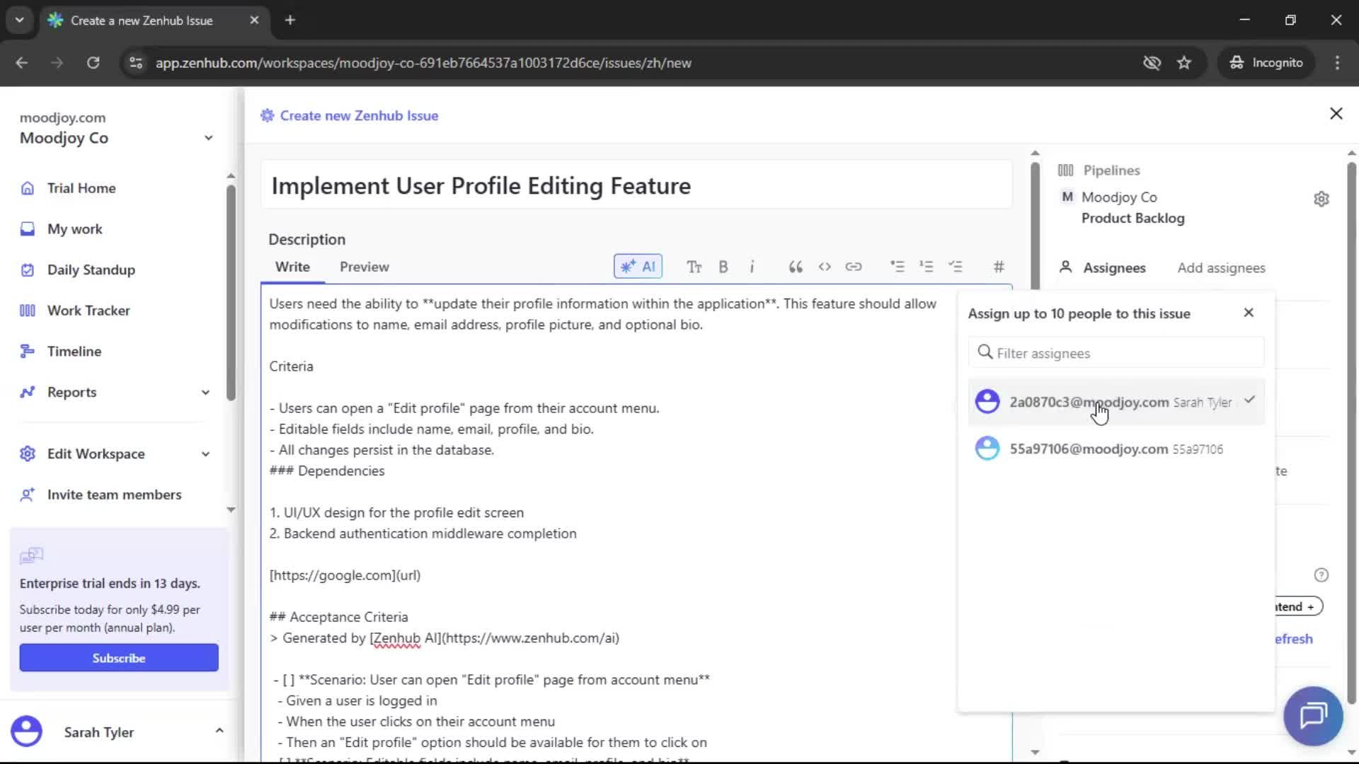 Creating new issue screenshot