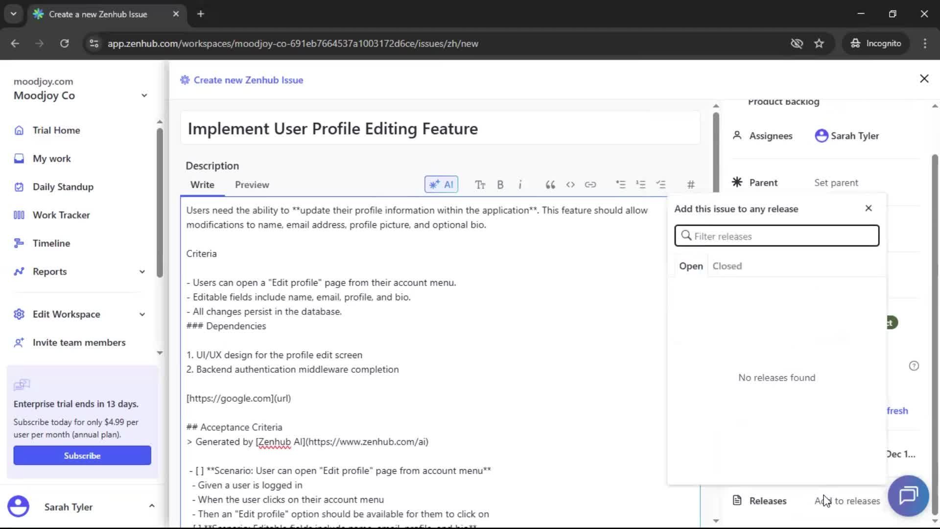 Creating new issue screenshot