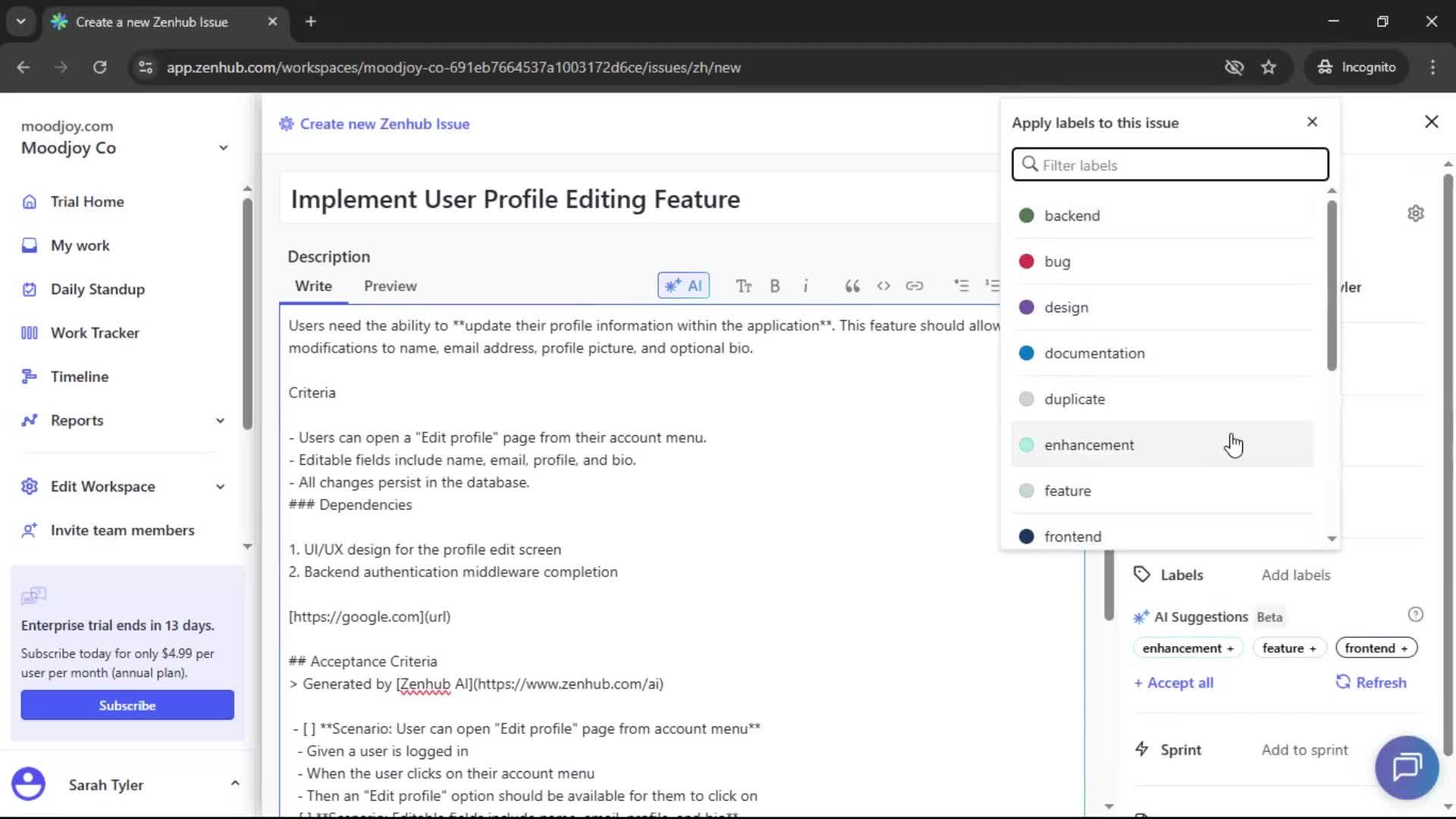 Creating new issue screenshot