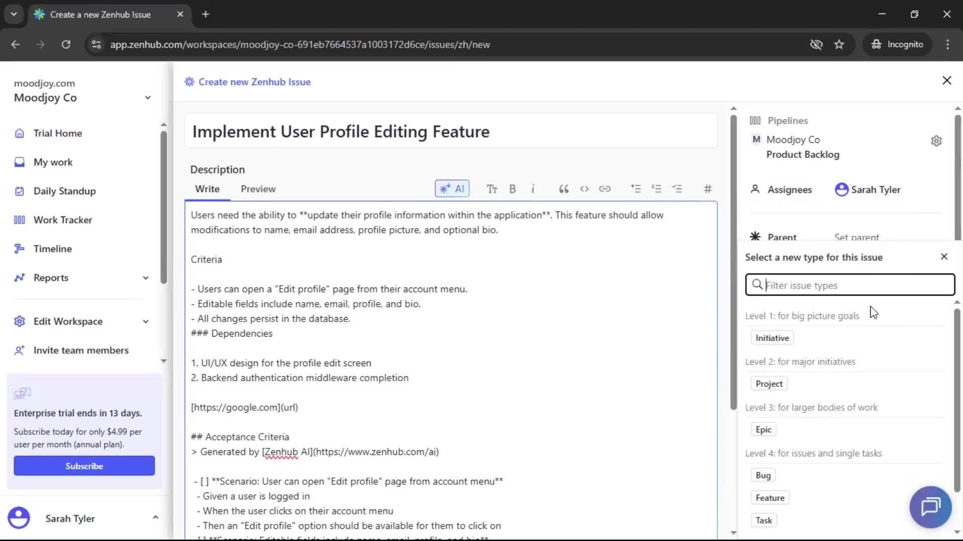 Creating new issue screenshot