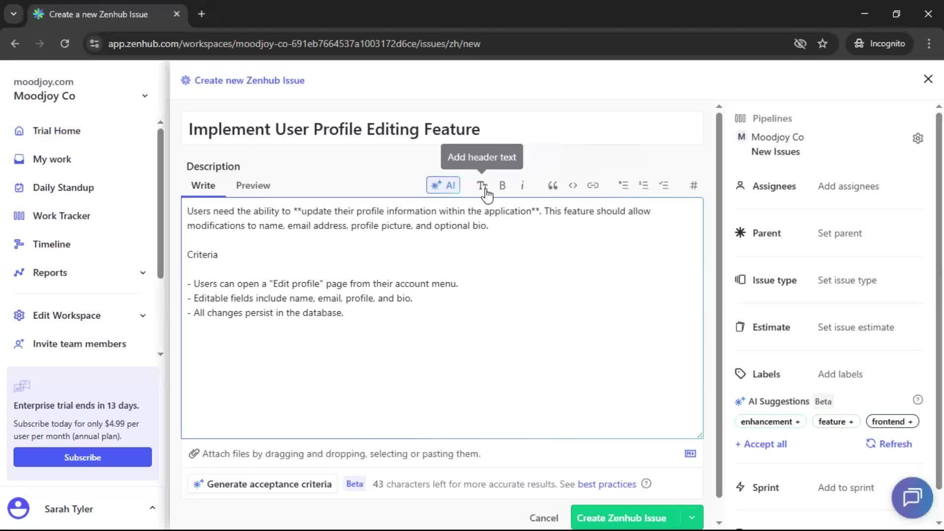 Creating new issue screenshot
