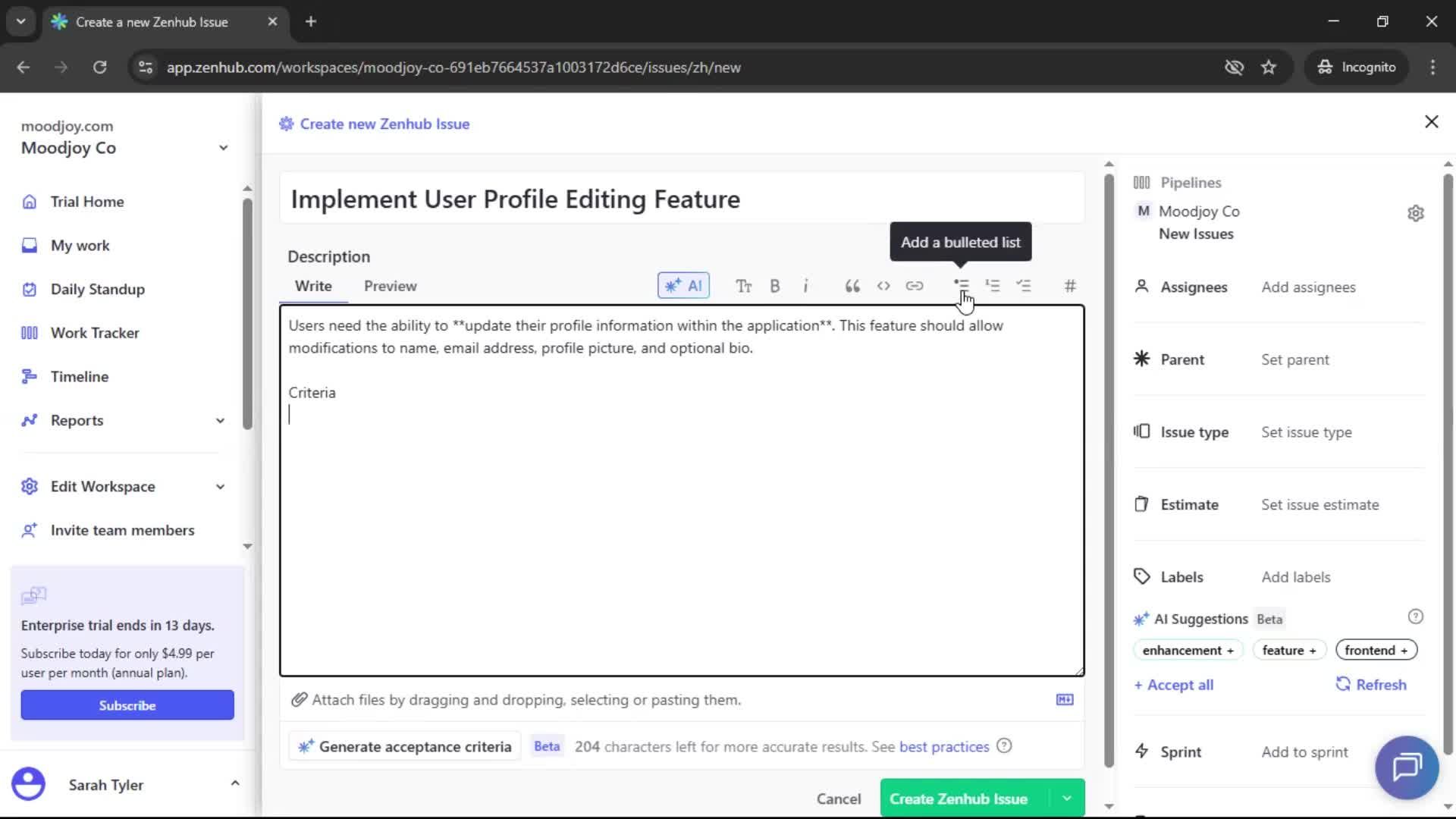 Creating new issue screenshot