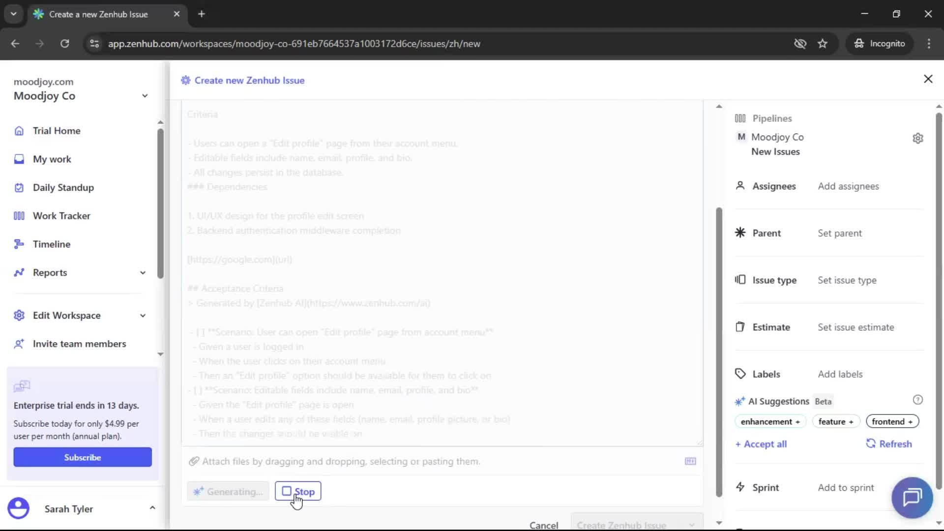 Creating new issue screenshot