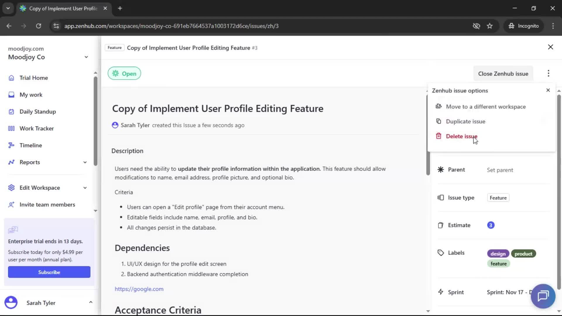 Creating new issue screenshot