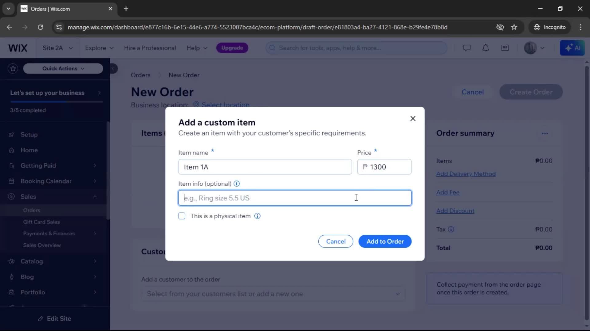 Creating a purchase order screenshot