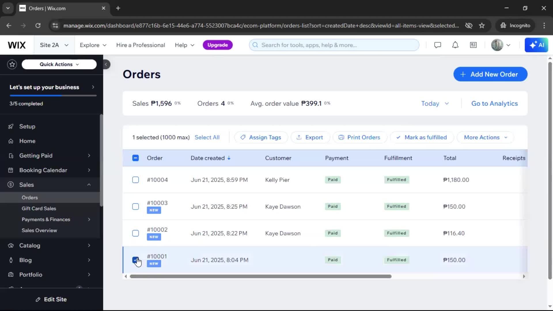 Creating a purchase order screenshot