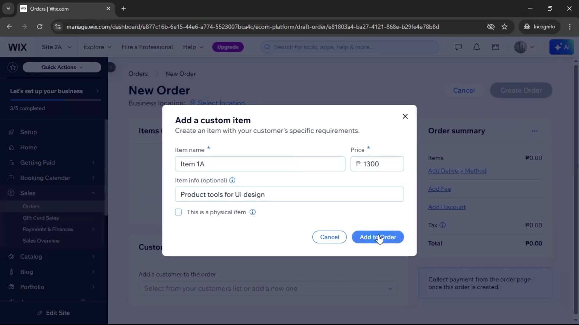 Creating a purchase order screenshot