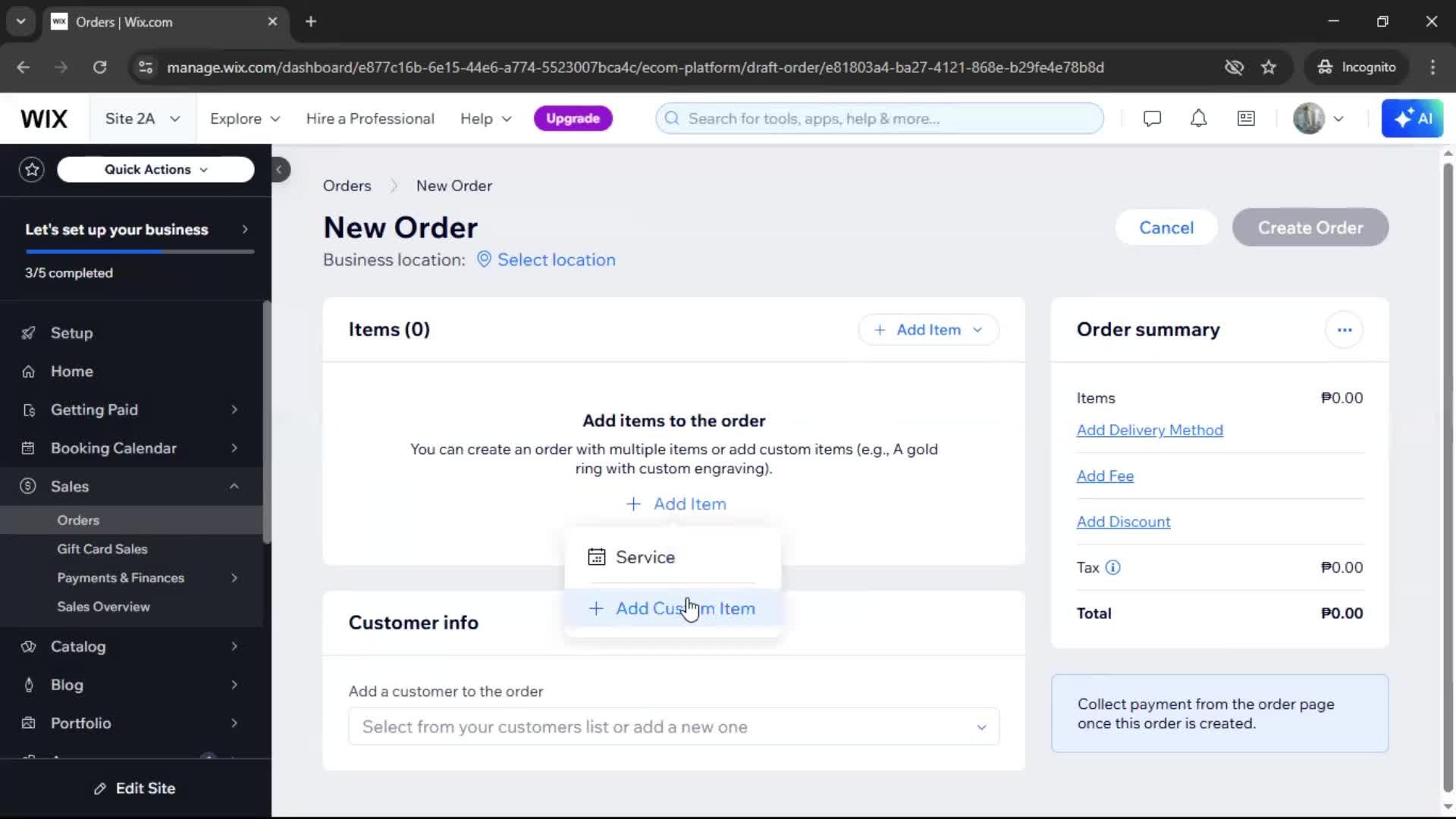 Creating a purchase order screenshot