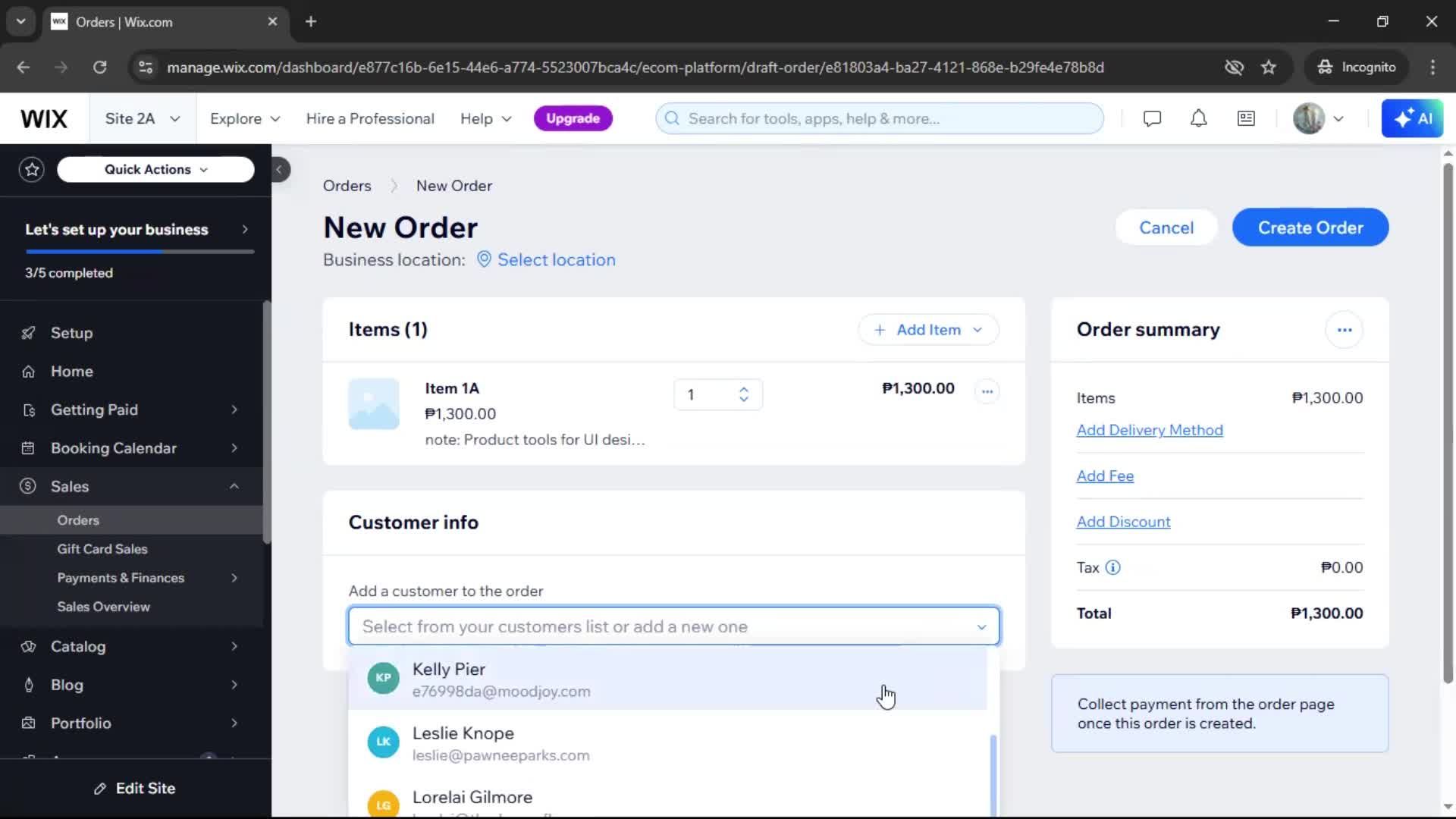 Creating a purchase order screenshot