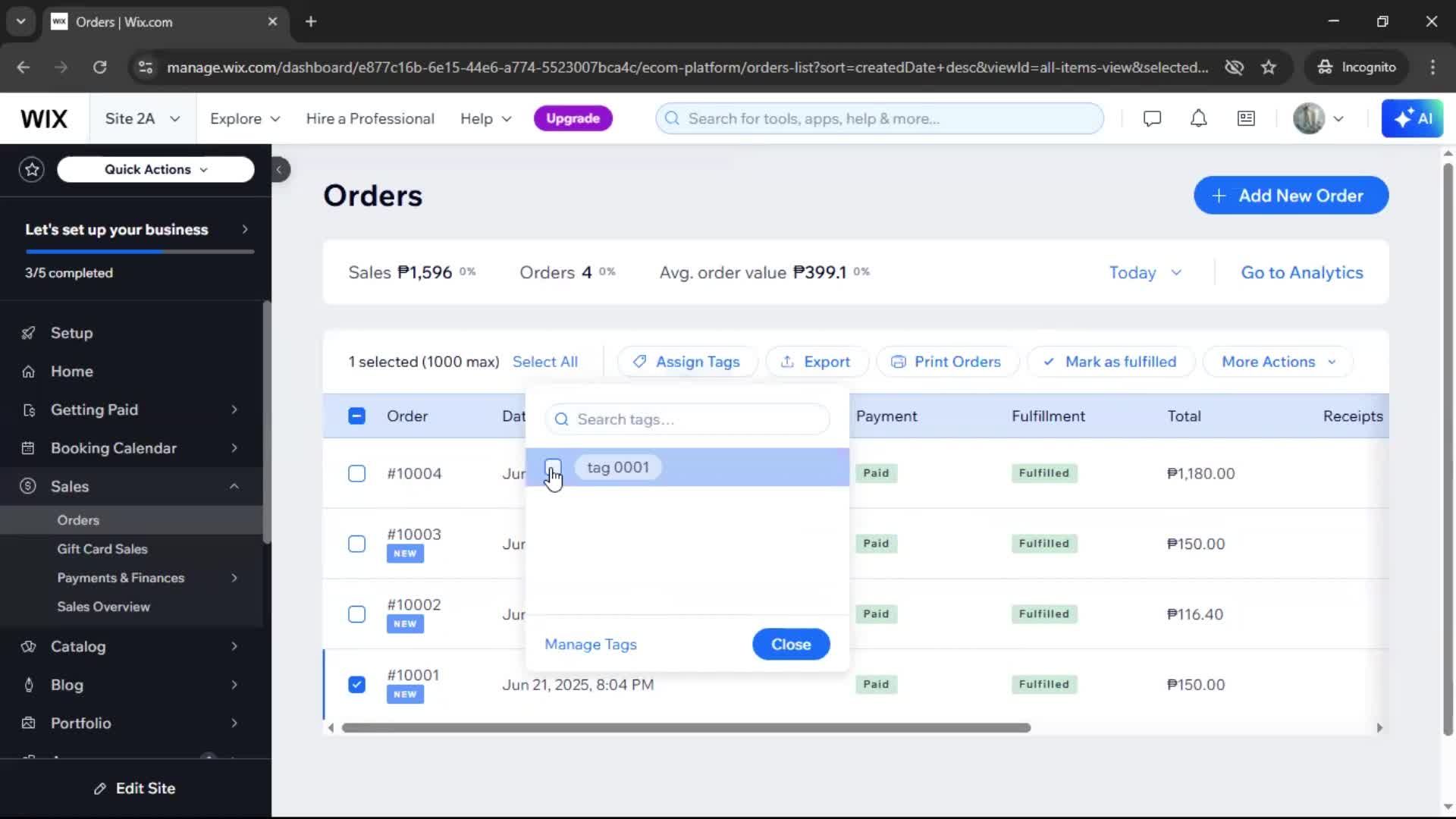 Creating a purchase order screenshot
