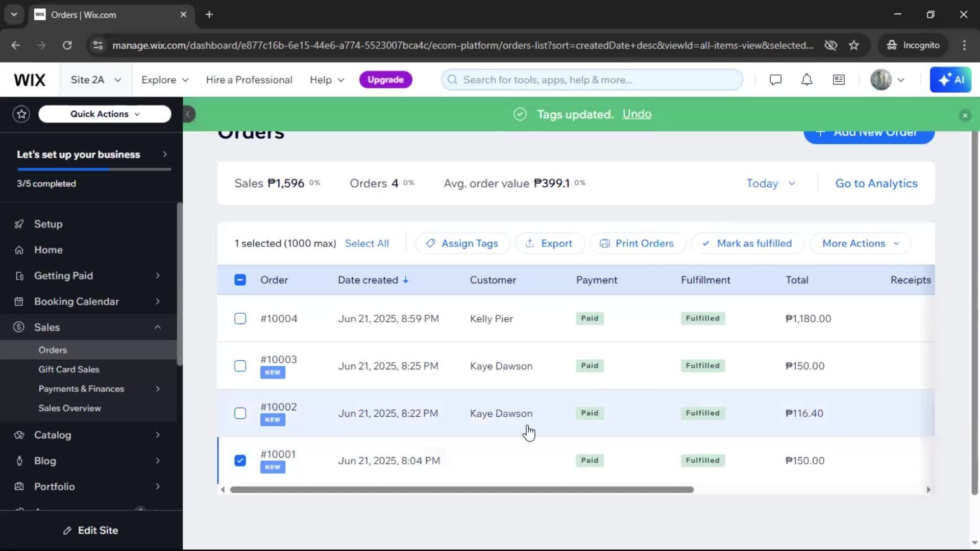 Creating a purchase order screenshot