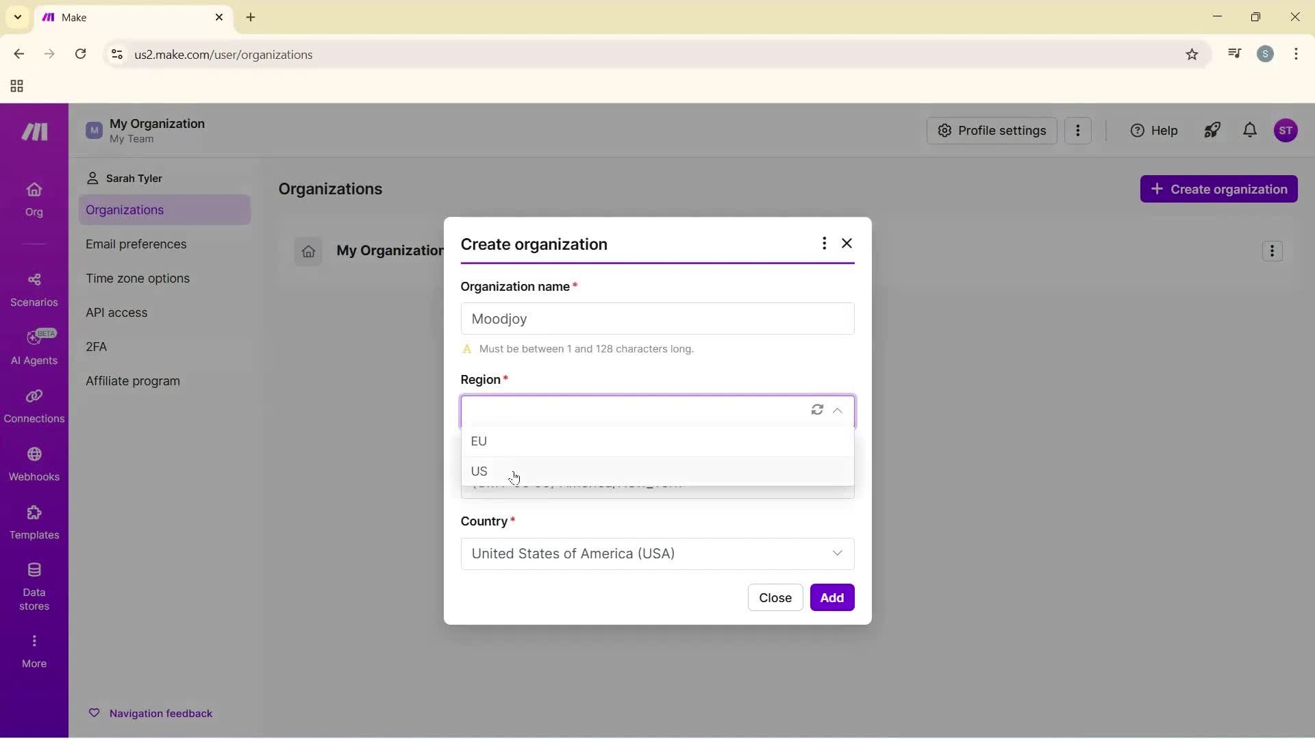 Adding a new organization screenshot