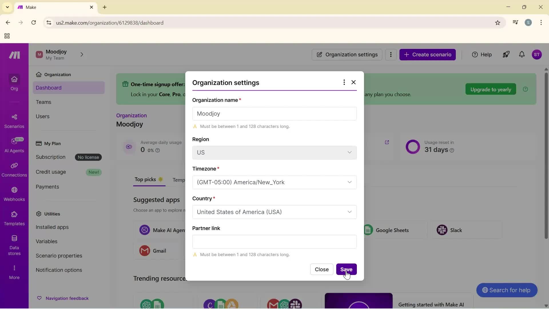 Adding a new organization screenshot