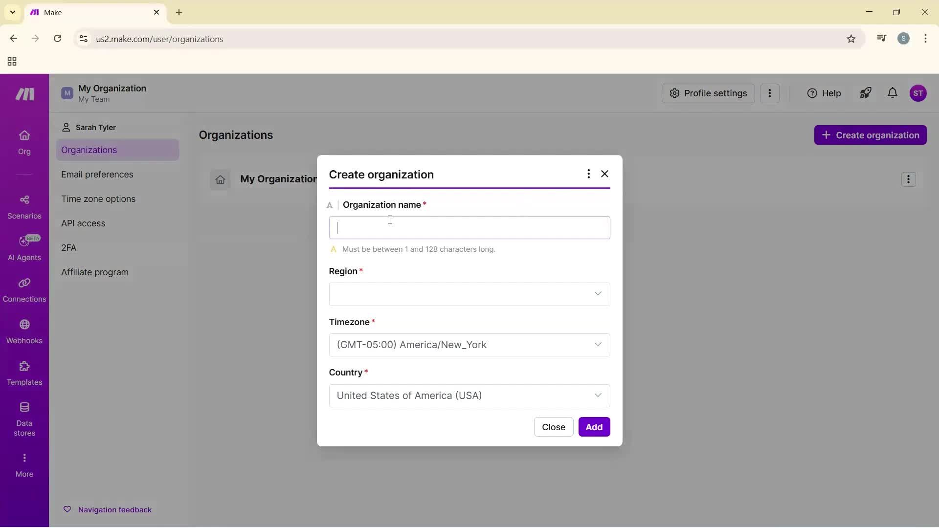 Adding a new organization screenshot