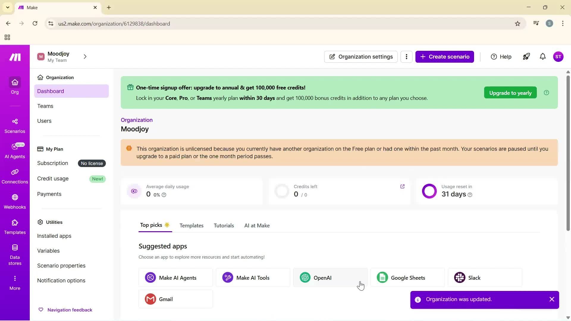 Adding a new organization screenshot
