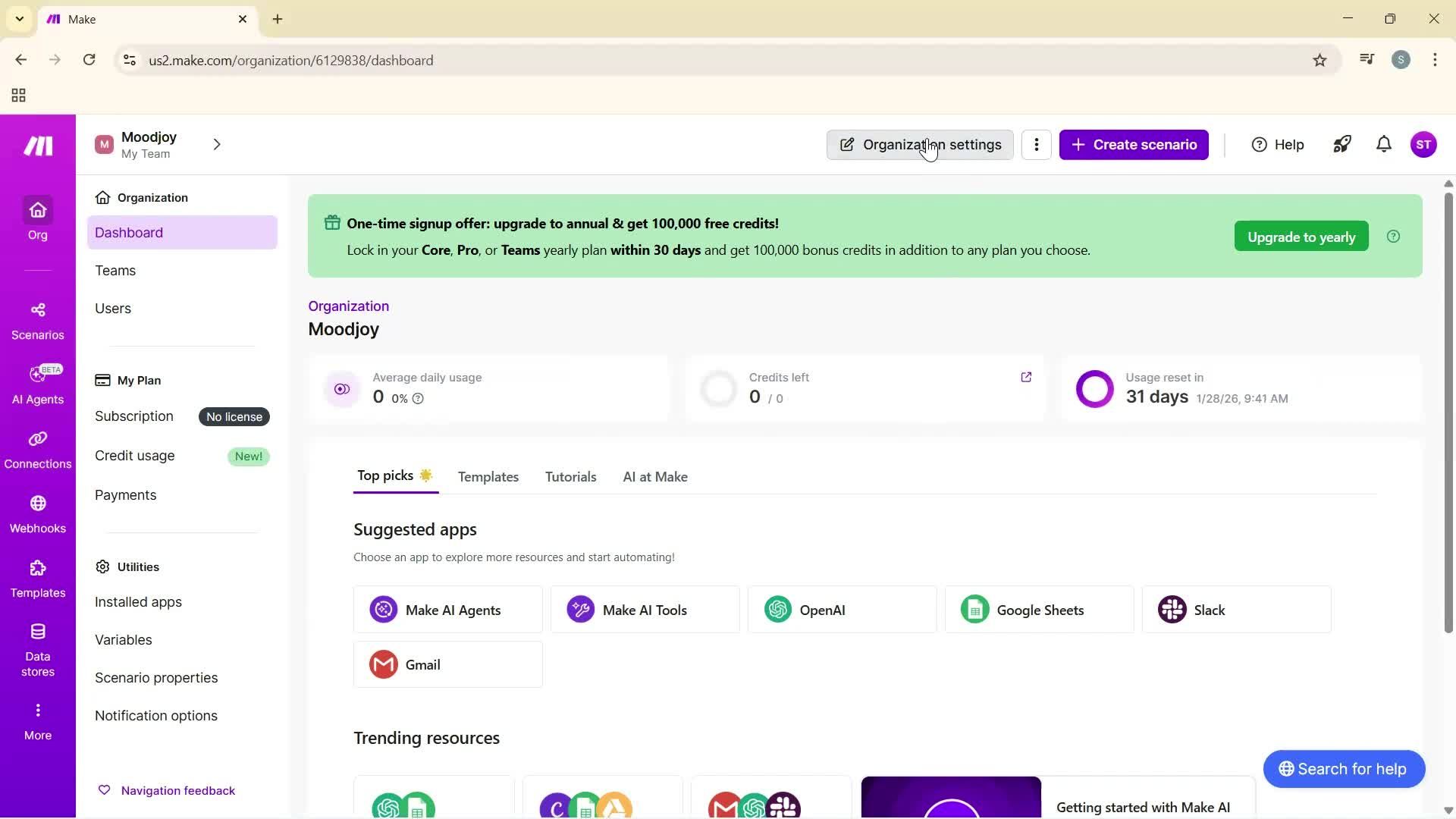 Adding a new organization screenshot