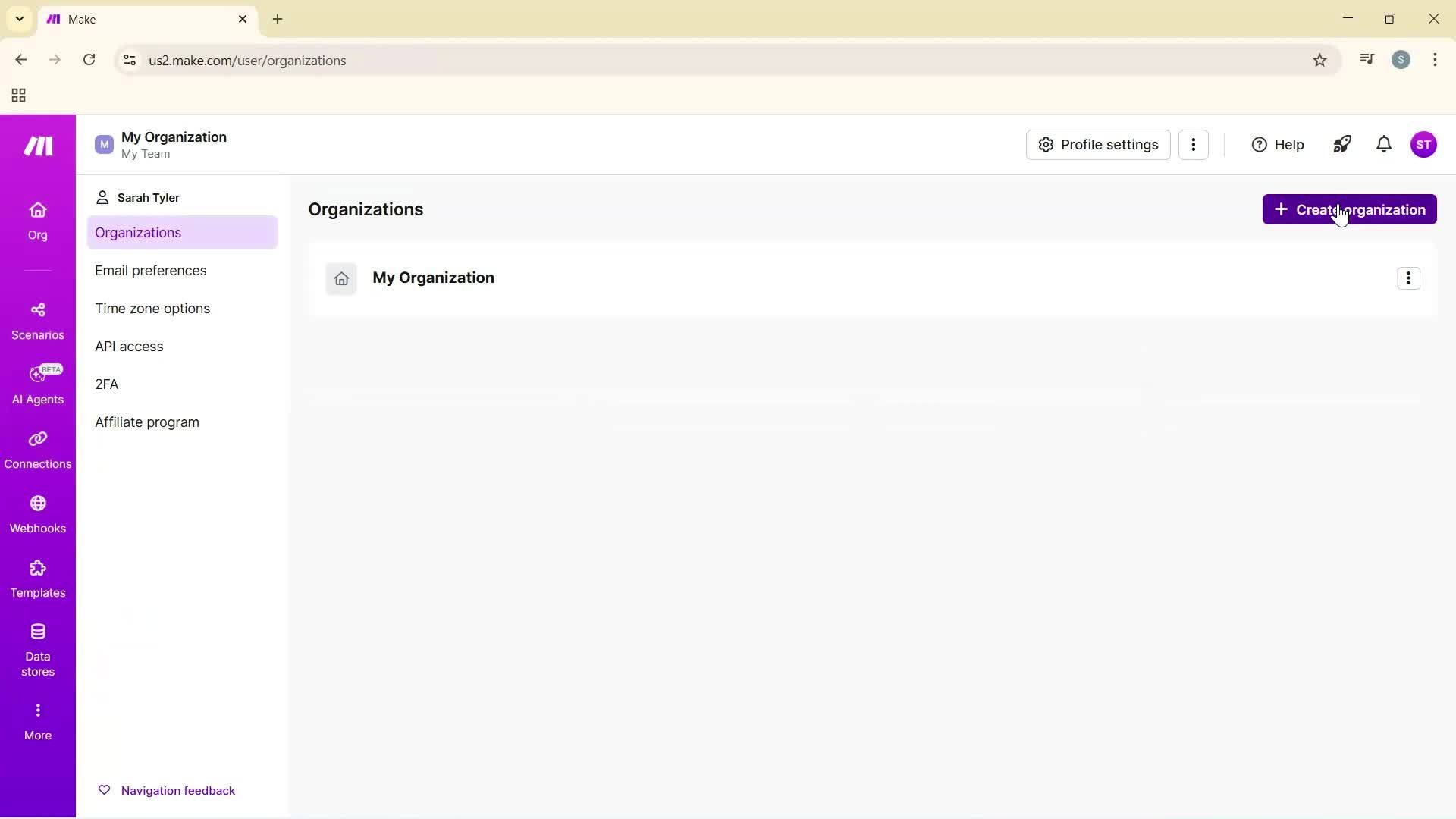 Adding a new organization screenshot