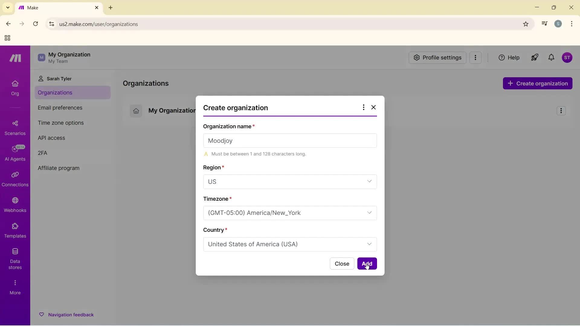 Adding a new organization screenshot