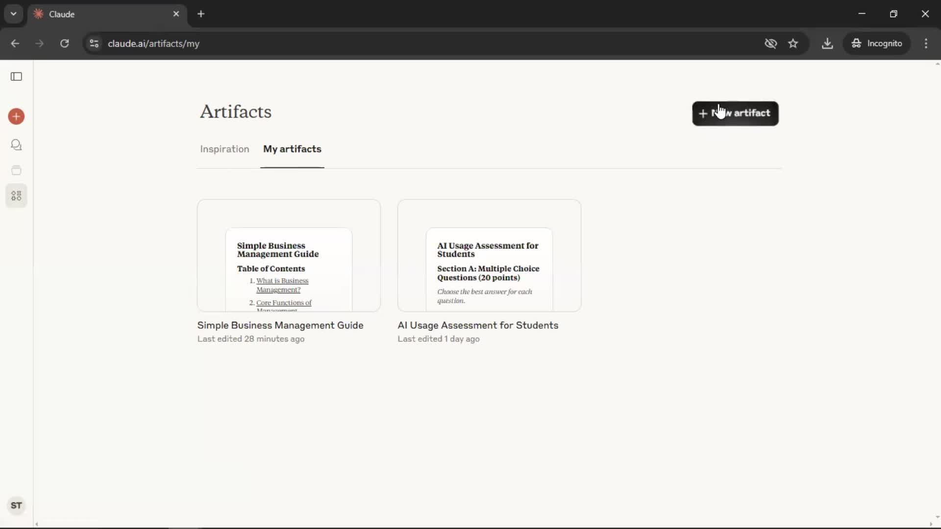 Creating artifacts screenshot