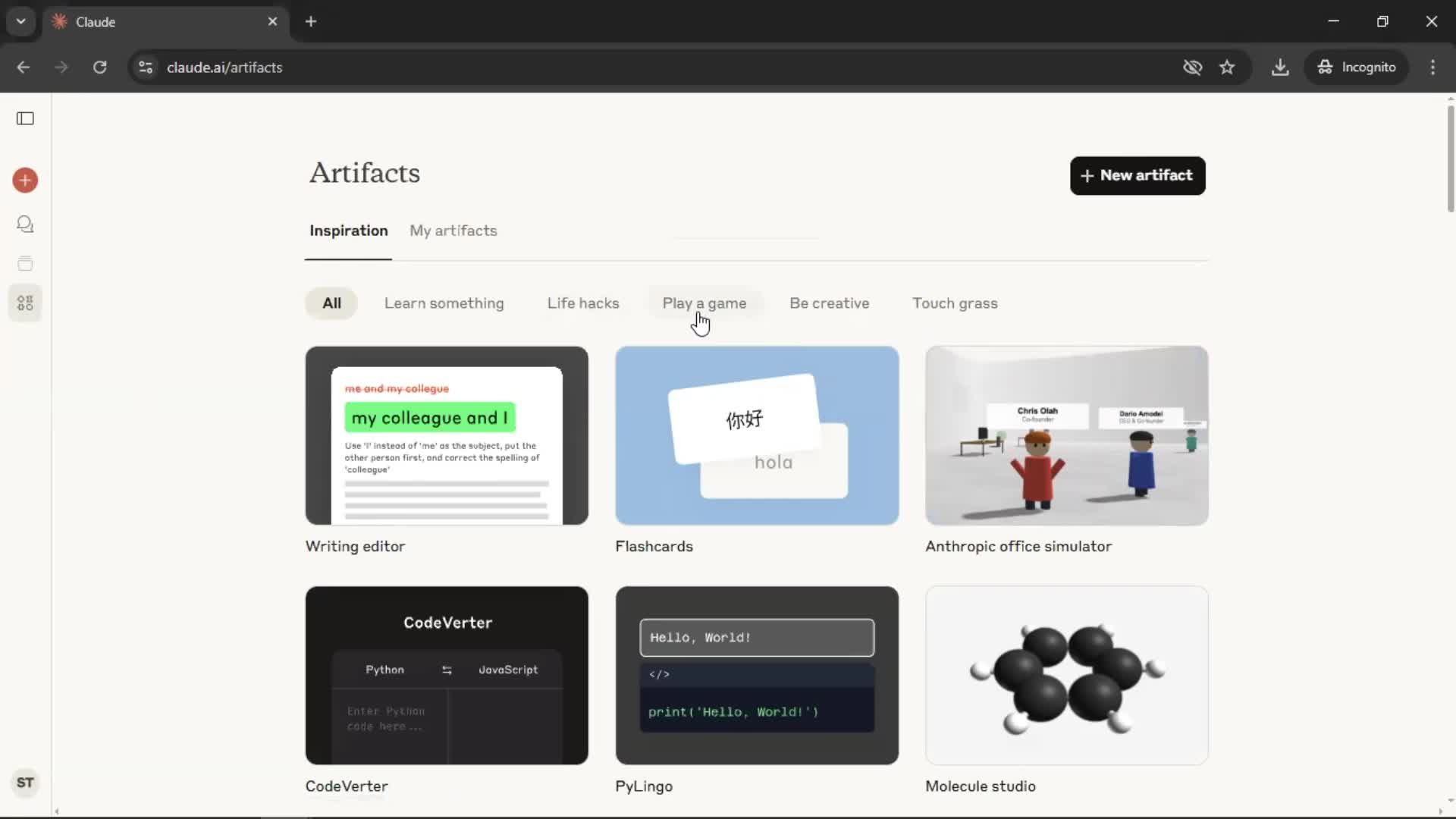 Creating artifacts screenshot