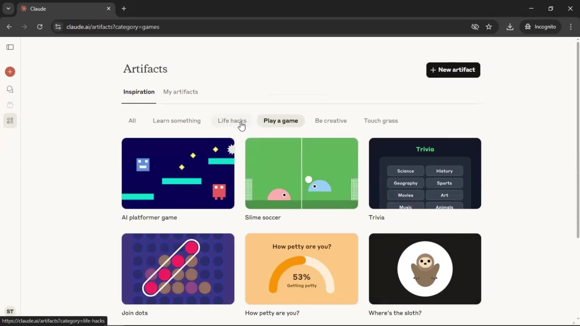 Creating artifacts screenshot