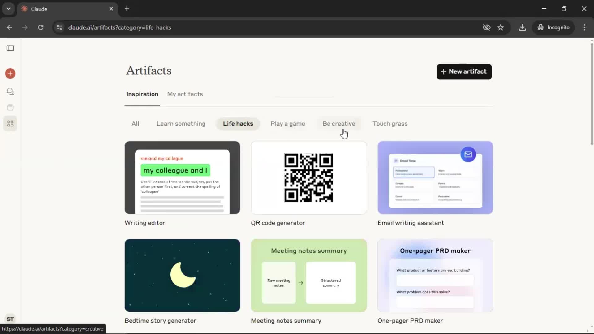 Creating artifacts screenshot