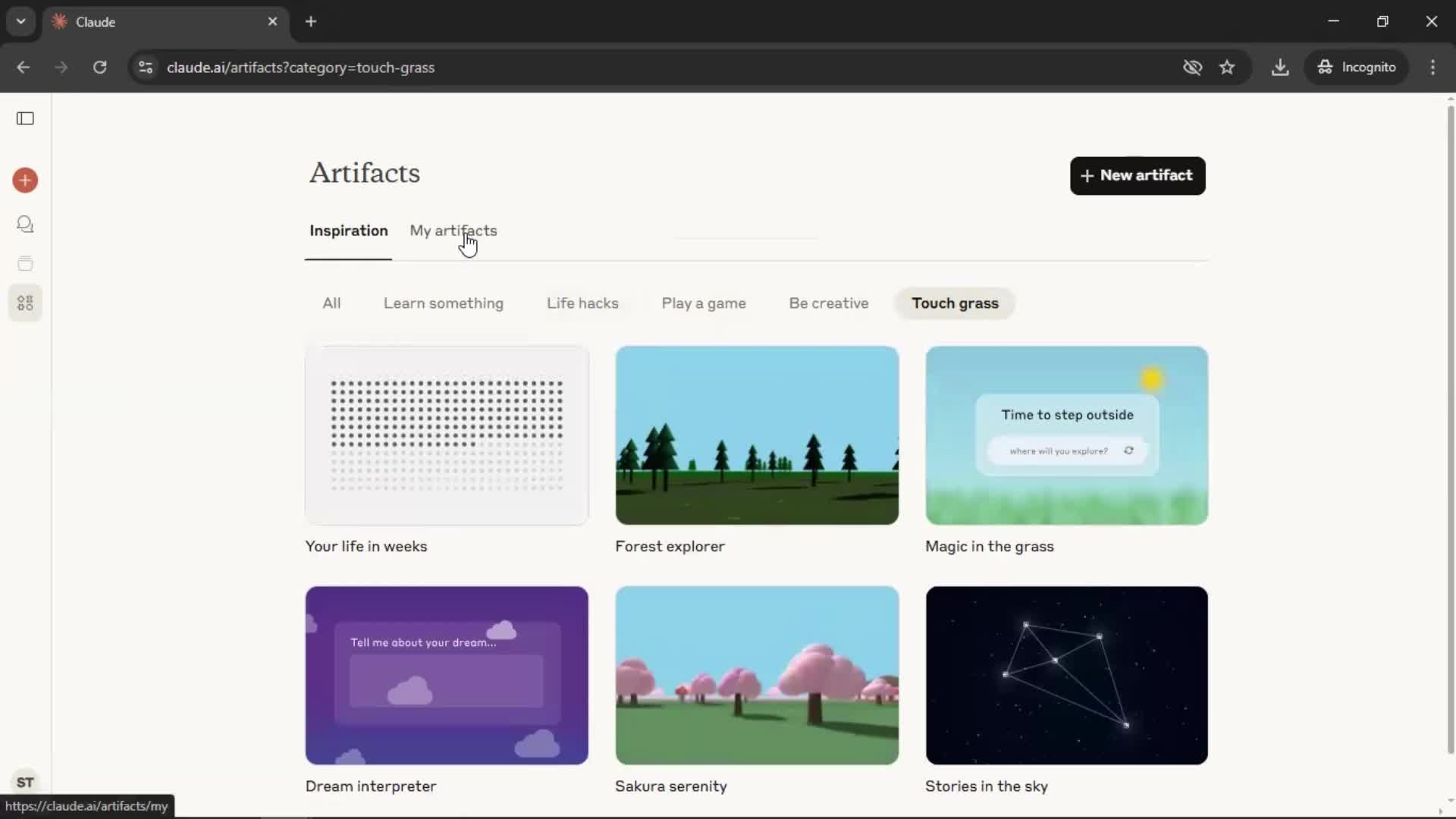Creating artifacts screenshot