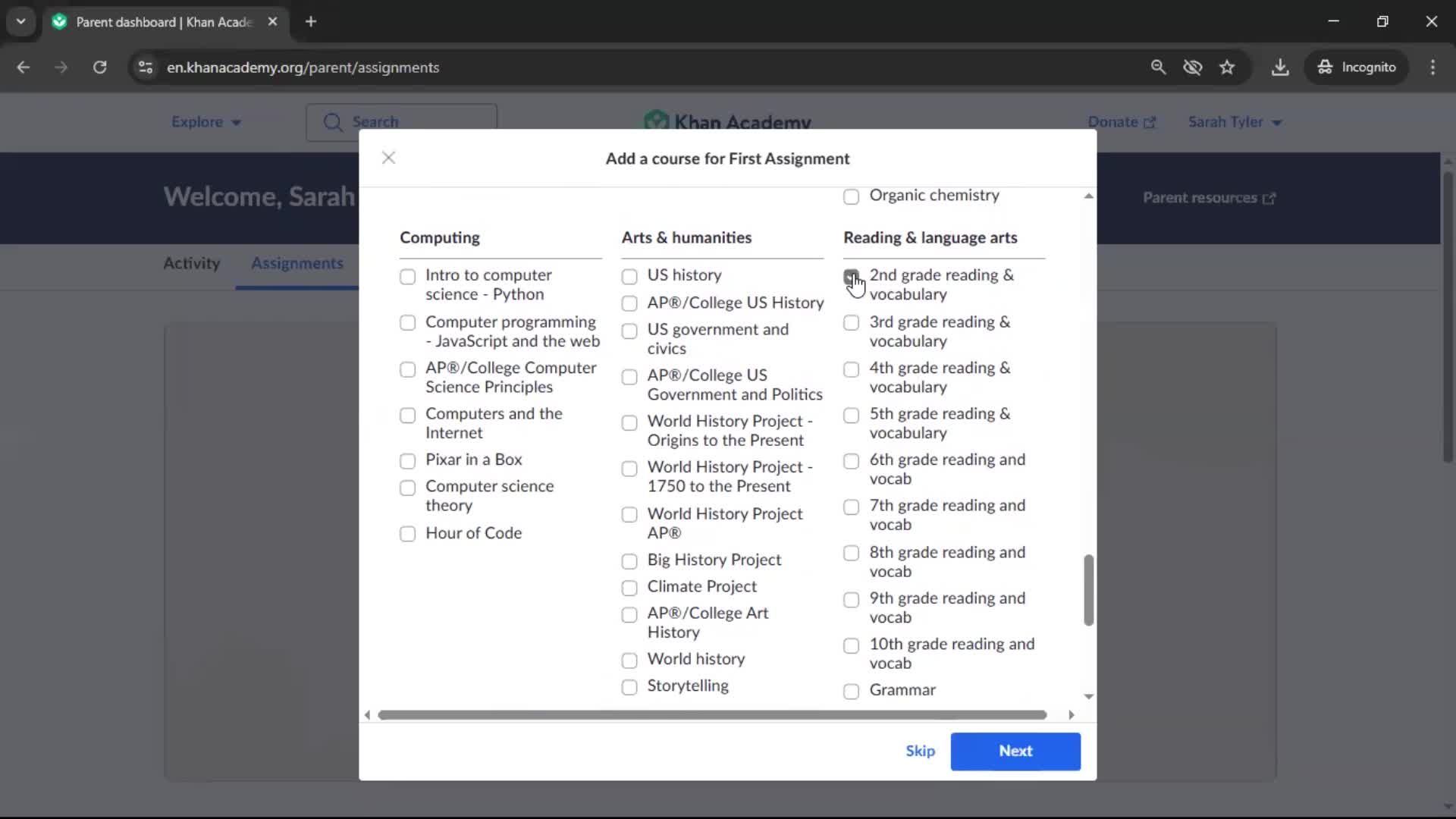 Creating an assignment screenshot