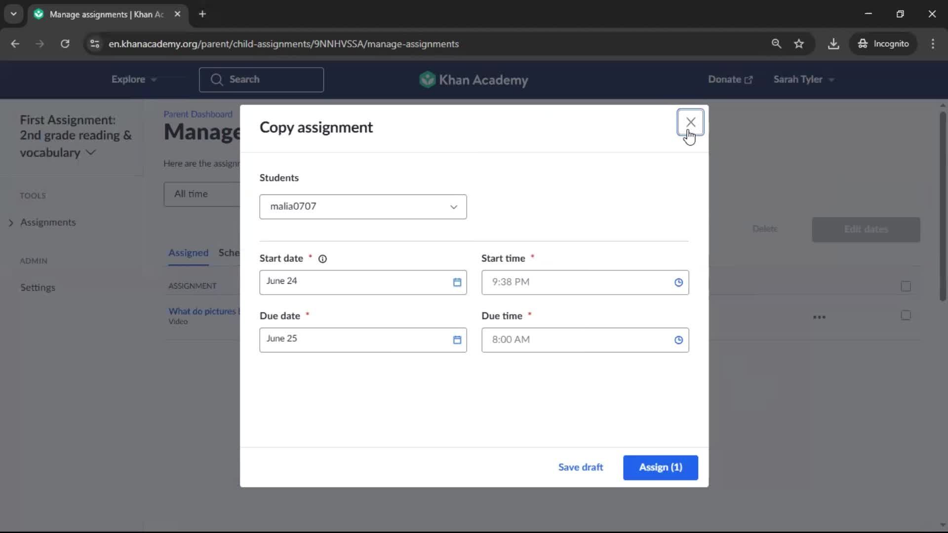 Creating an assignment screenshot