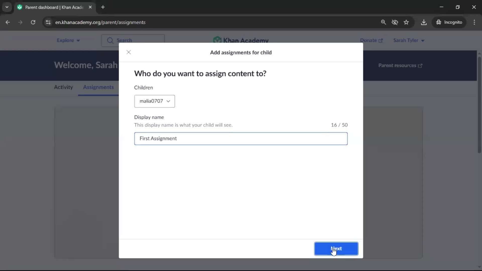 Creating an assignment screenshot