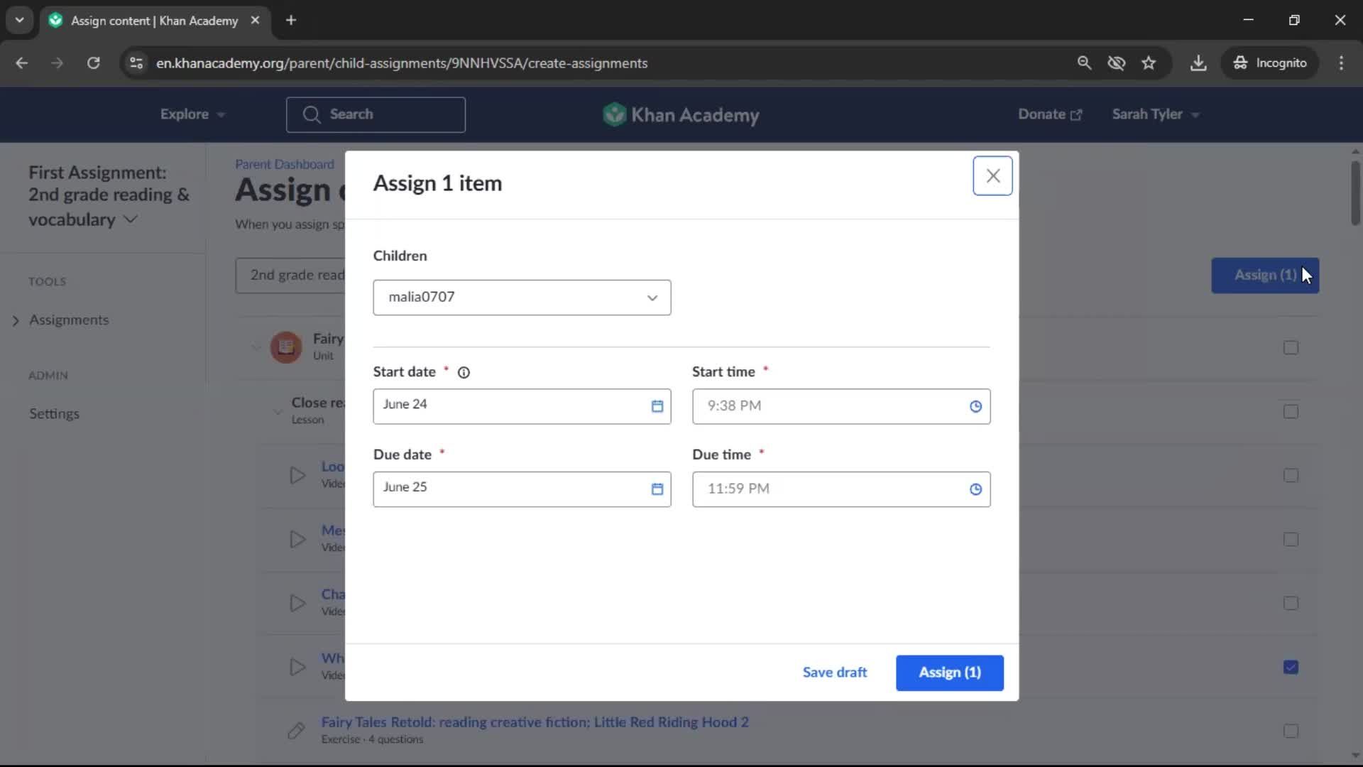 Creating an assignment screenshot