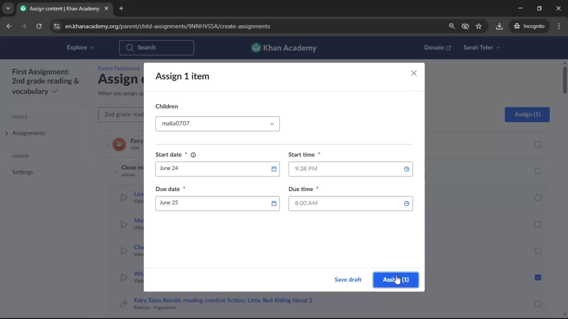 Creating an assignment screenshot