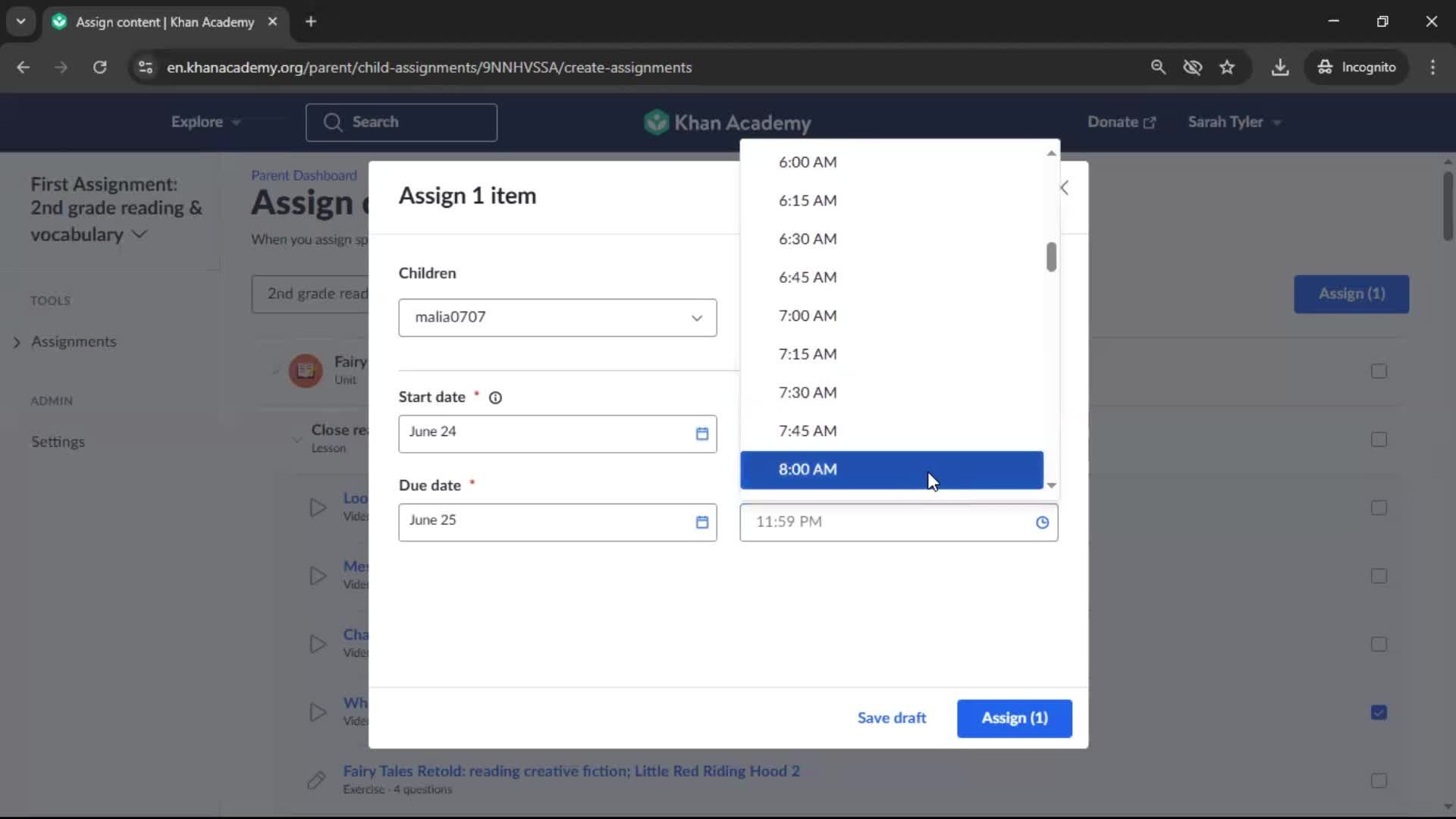 Creating an assignment screenshot