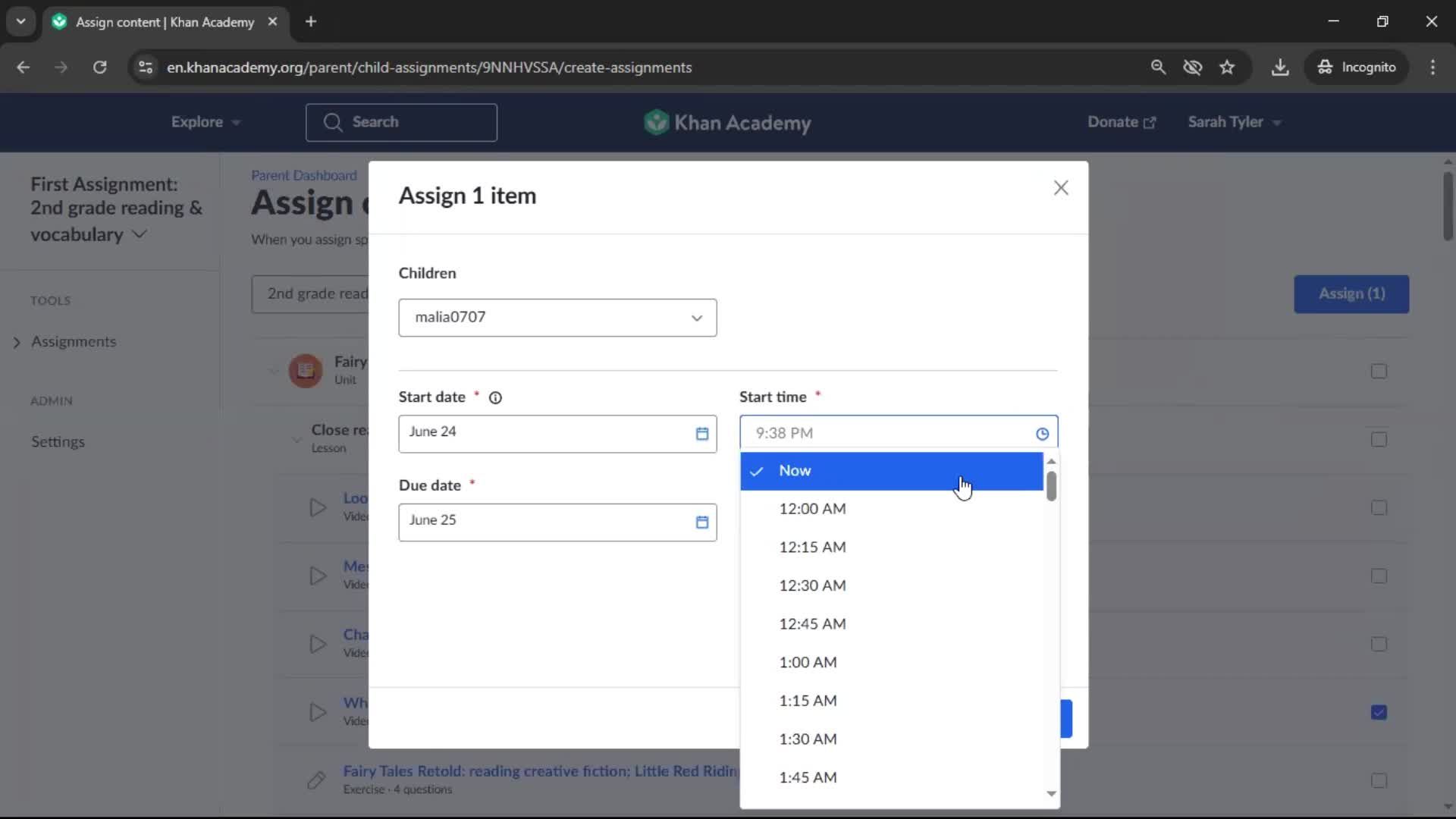 Creating an assignment screenshot