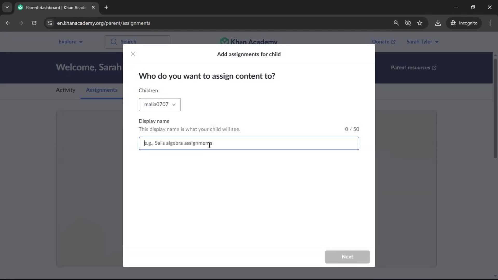 Creating an assignment screenshot
