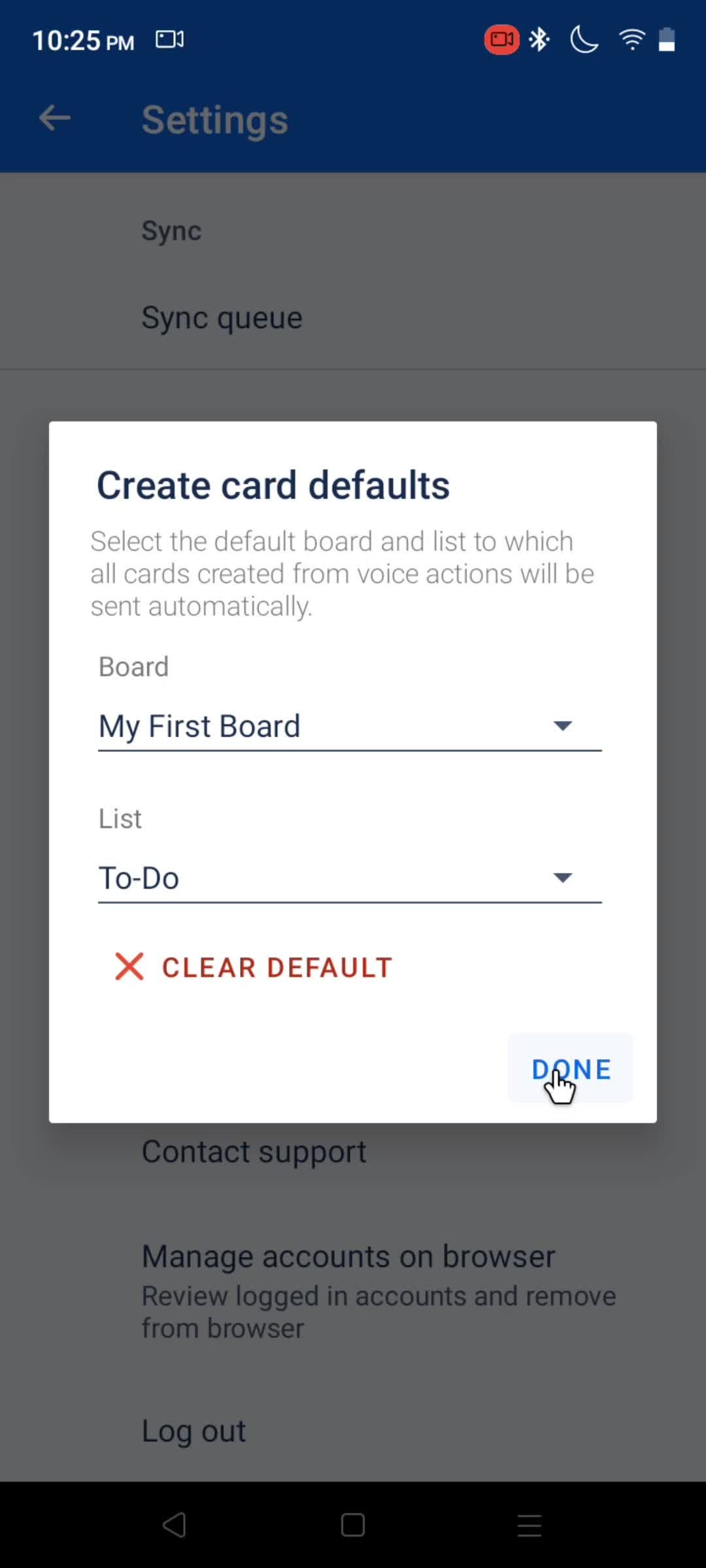 Creating card defaults screenshot