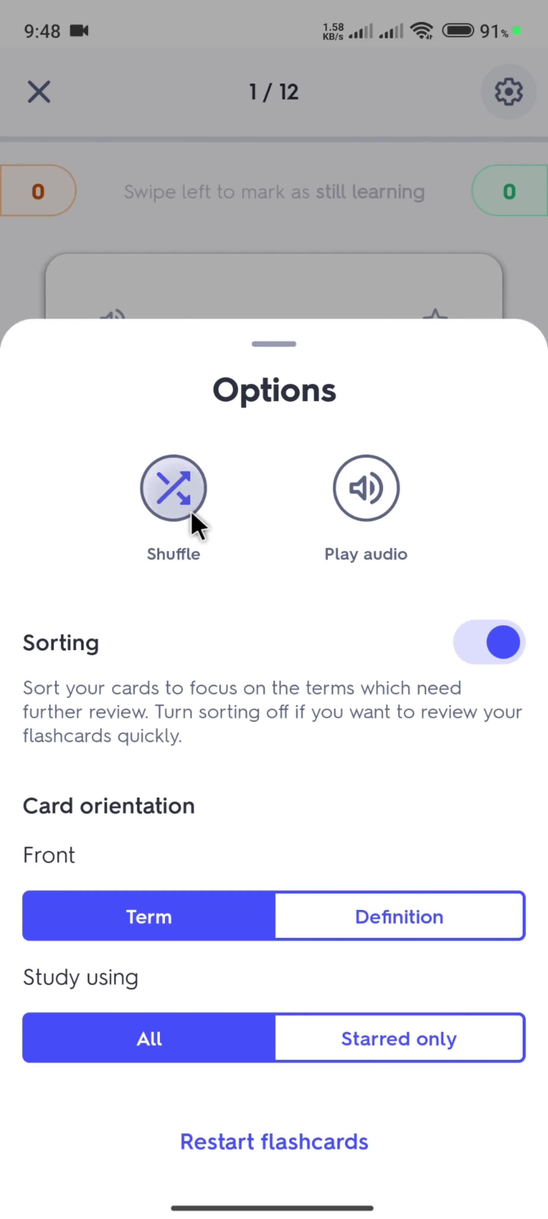 Creating flashcard set screenshot