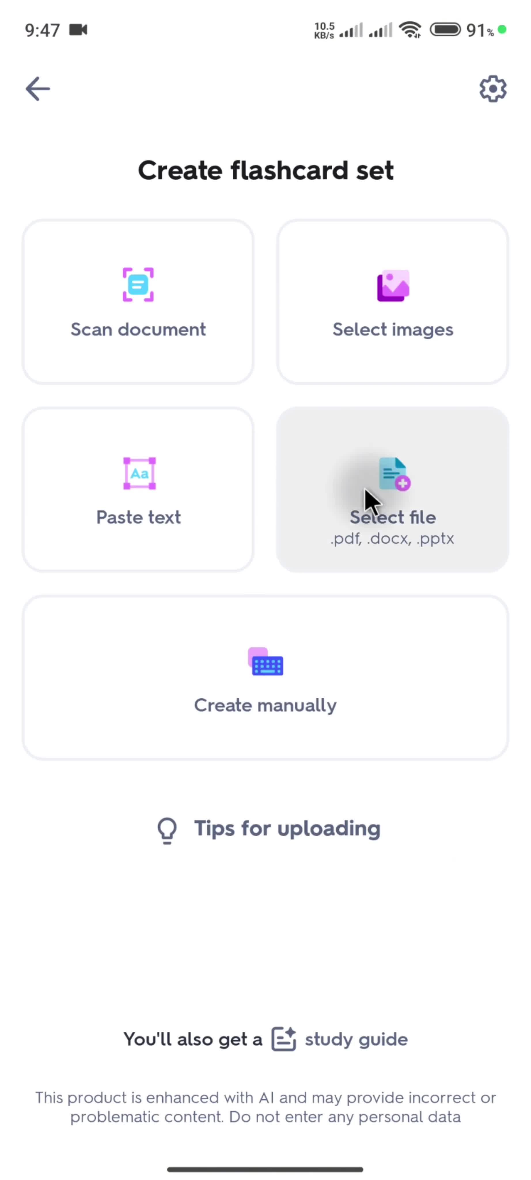 Creating flashcard set screenshot