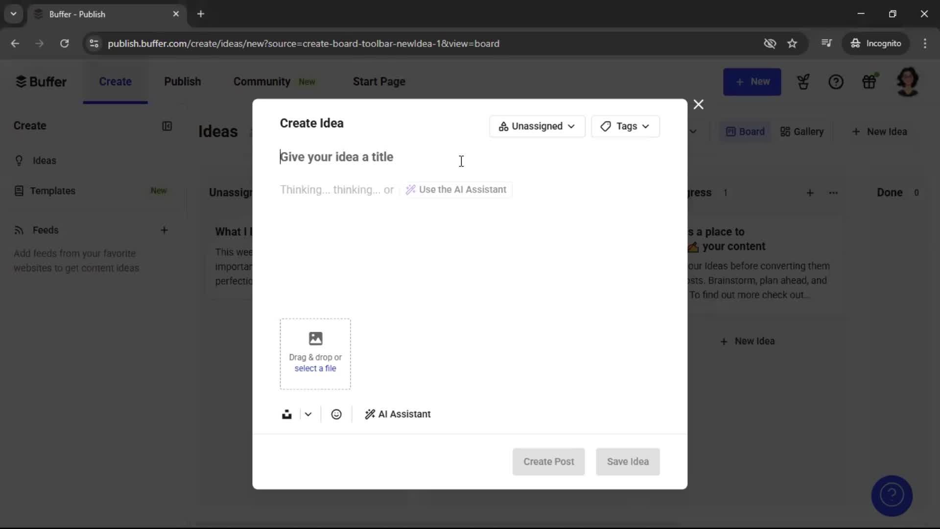 Creating a new idea on Buffer video thumbnail