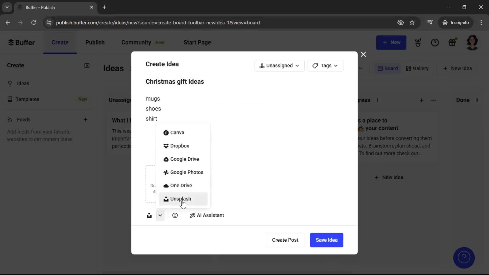 Creating a new idea screenshot