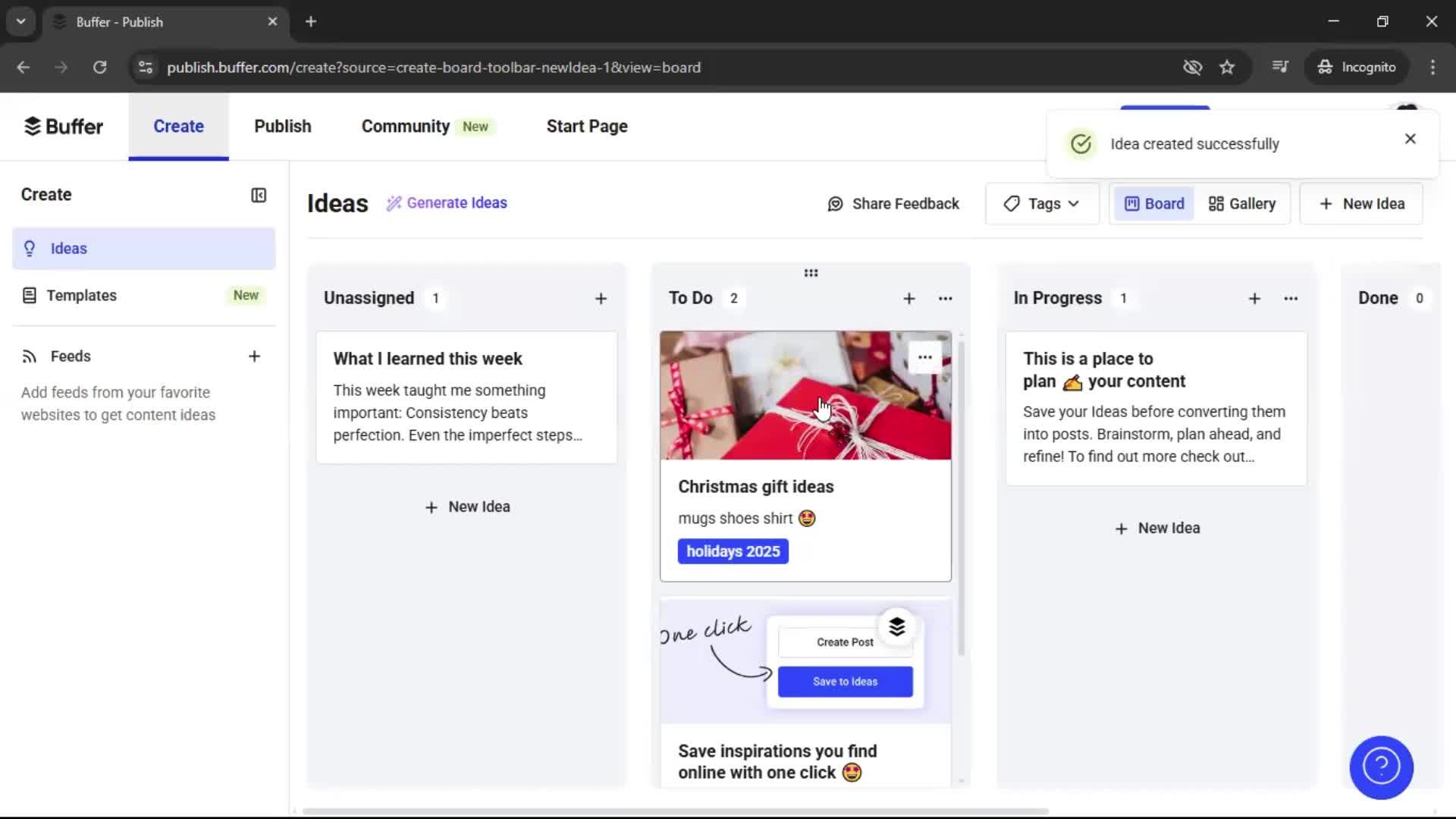 Creating a new idea screenshot