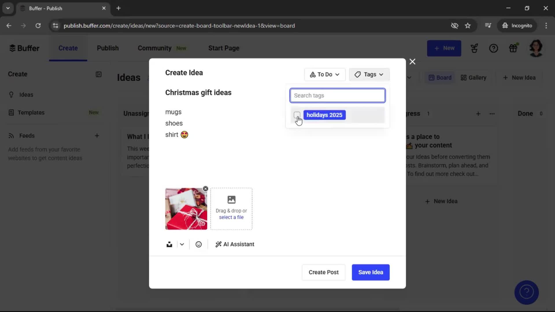 Creating a new idea screenshot