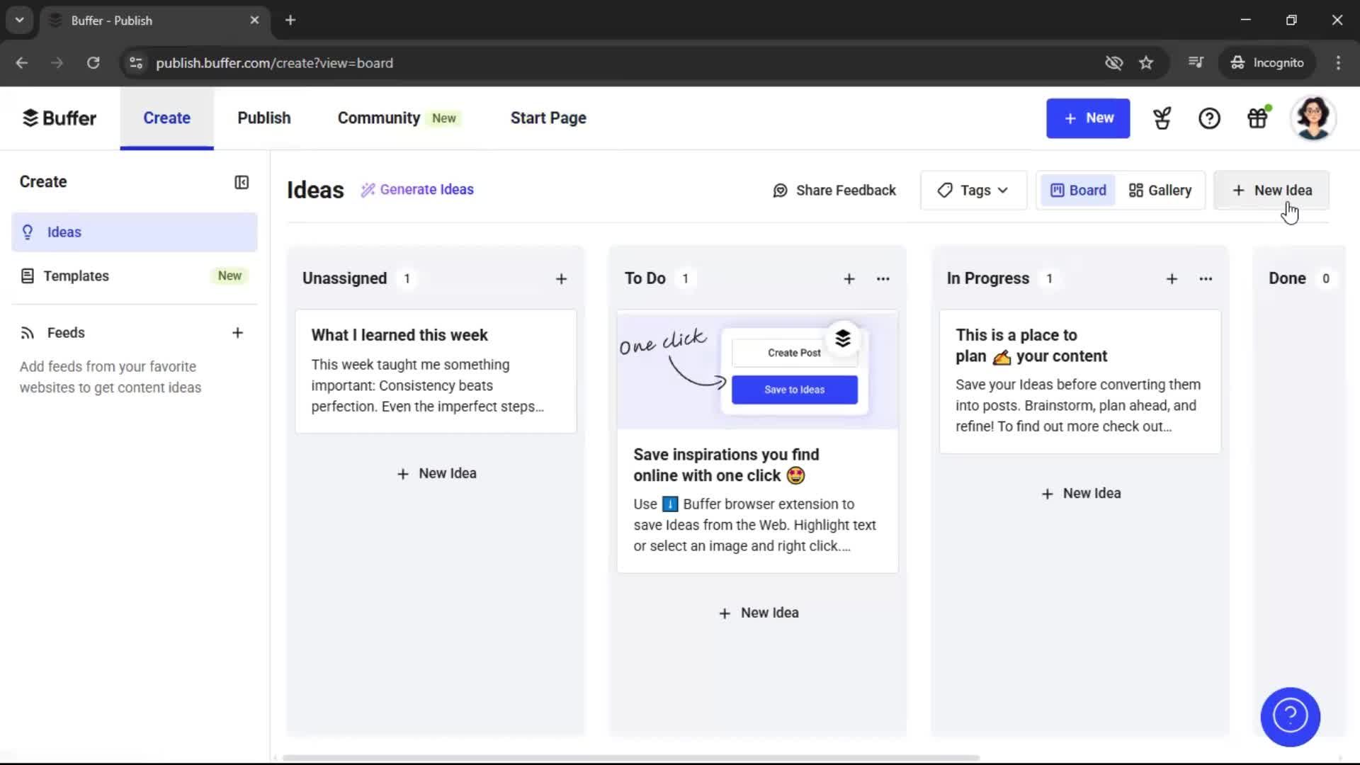 Creating a new idea on Buffer video thumbnail