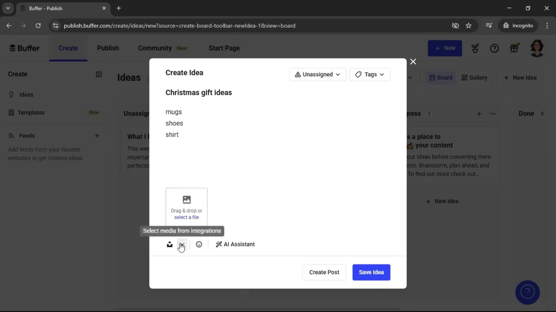 Creating a new idea on Buffer video thumbnail